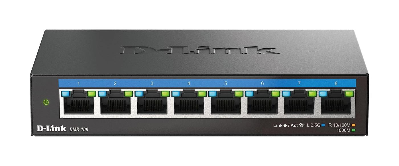 D-Link DMS-108 8-Port Multi-Gigabit Unmanaged Desktop Switch (8X 2,5G Ports, Lüfterlos, Kompakt, Metal Gehäuse, QoS, Plug and Play)