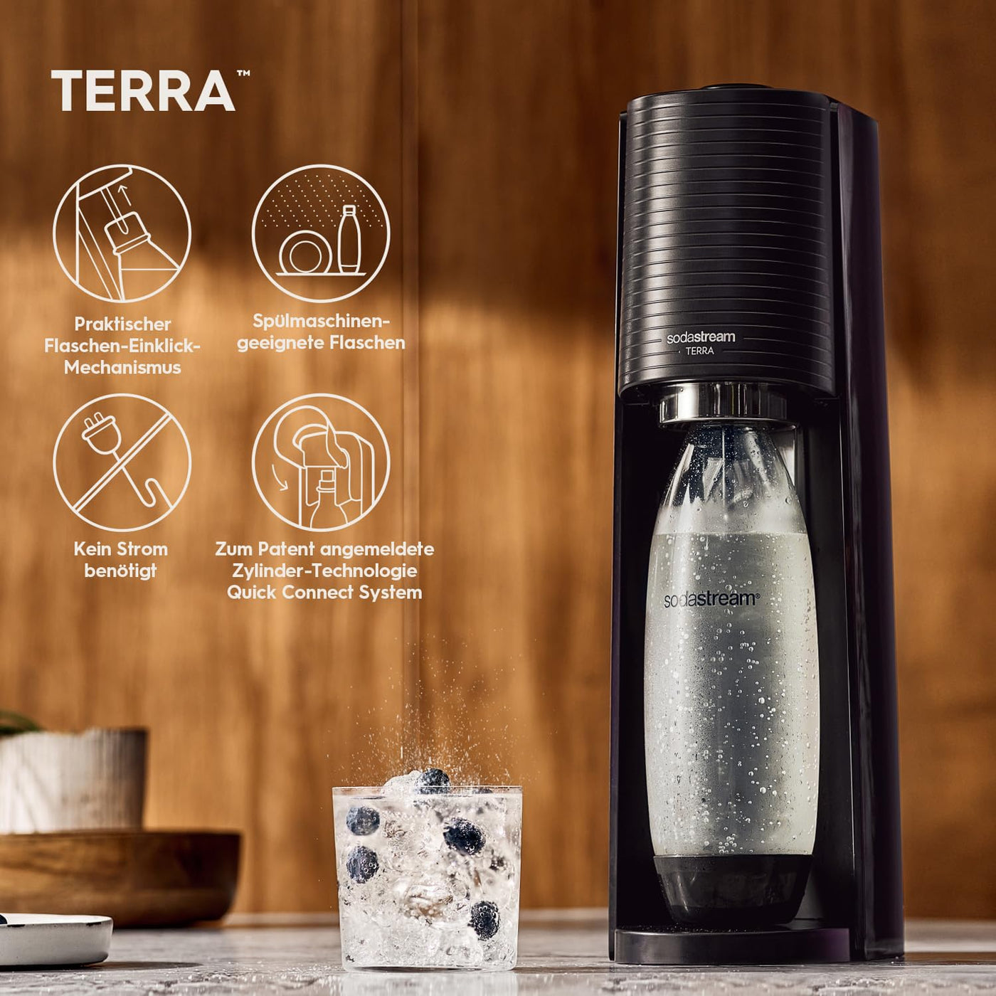 SodaStream Wassersprudler TERRA Promopack mit CO2-Zylinder und spülmaschinenfeste Kunststoff-Flasche, Schwarz, Höhe 44cm