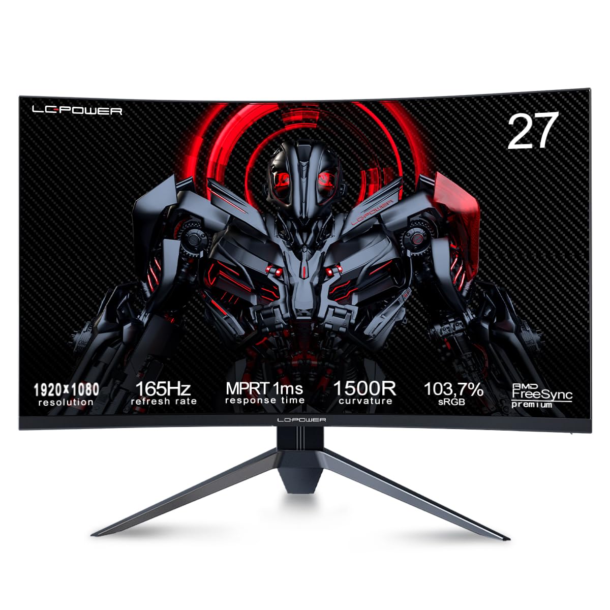 LC-POWER Curved Gaming Monitor - 27 Zoll Bildschirm, FHD(1920 * 1080), 165Hz, 1ms, 1500R Display, mit HDR, AMD FreeSync/G SYNC Compatible, DP, HDMI, 3,5mm Audio