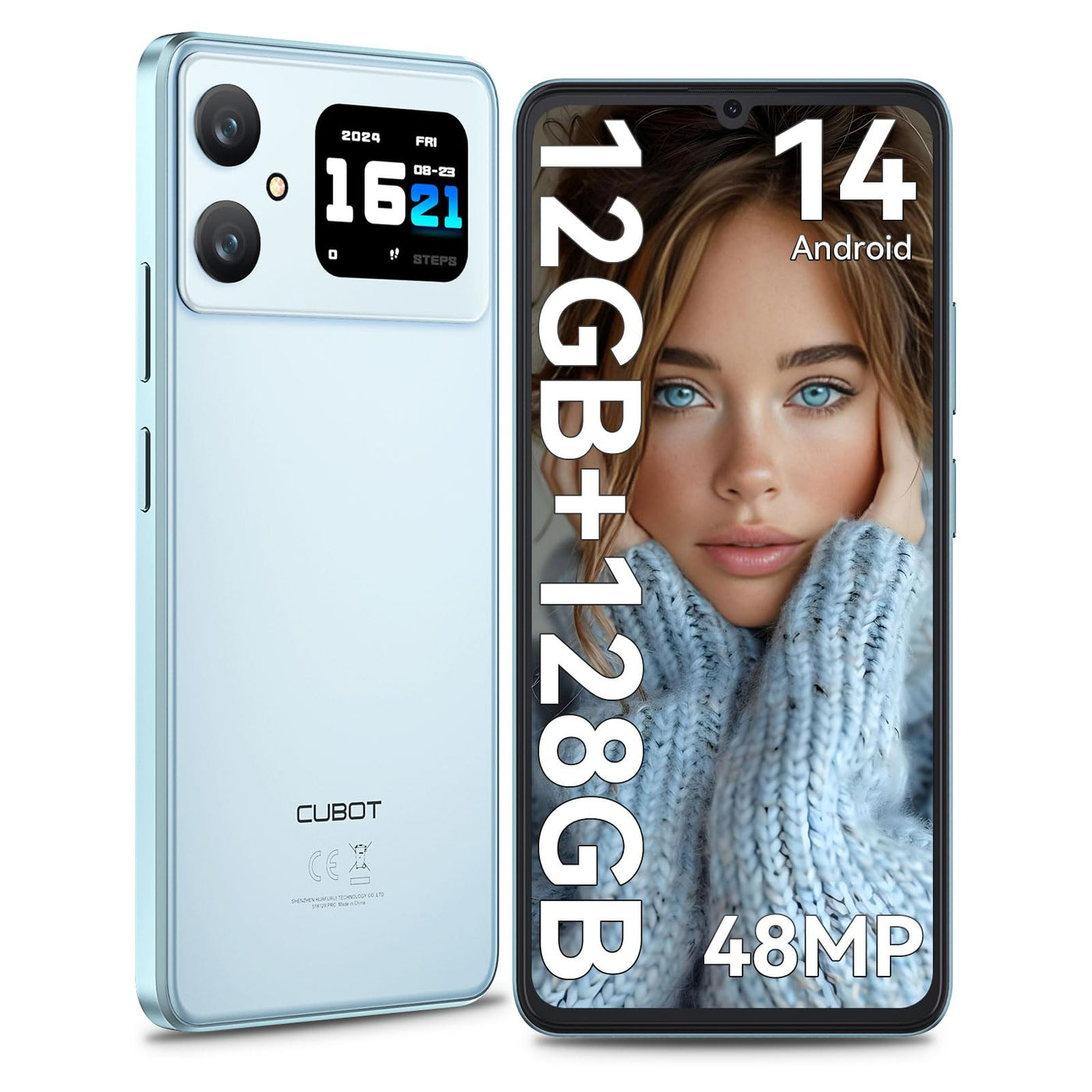 CUBOT A20 Smartphone Ohne Vertrag Android 14,6.8'' HD+ Octa-Core 90Hz Günstig Handy,12GB+128GB/1TB Erweiterbar Dual SIM 4G Simlockfreie Handys,48MP+16MP,5100mAh,1,83'' Rückbildschirm,OTG-Blau