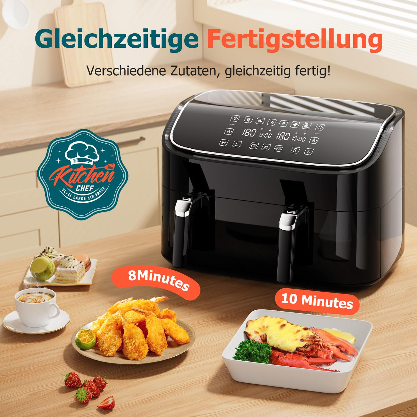 Dual Zone Heißluftfritteuse 2 kammern, Air fryer 9L Separate Antihaftbeschichtung, Airfryer 3L & 6L mit Sync-Finish Funktion, 6-in-1 Kochvorgaben, Touchscreen, Timer-Funktion, Gesunde Friteuse ohne Öl