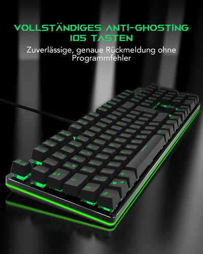 Black Shark Mechanische Gaming Tastatur RGB-Beleuchtung, QWERTZ Deutsches Layout, Blauen Schaltern, Anti-Ghosting 105 Tasten, Metall Platte, Voll Programmierbare Gaming Tastatur, für PC Gamers