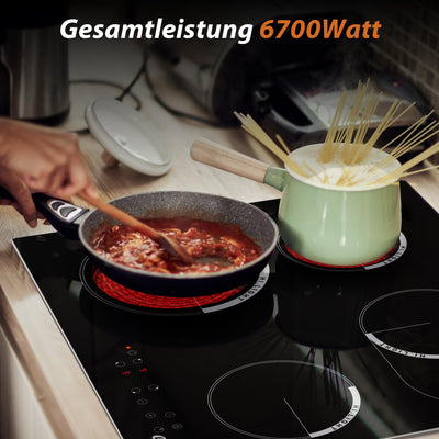 Cooksir Glaskeramikkochfeld mit Rahmen, Einbau 4 Kochfelder, Duale und Ovale Zonen fur Gril, Kochfeld Autark 59cm, 6700W, Sicherheitsschloss, Kein Stecker