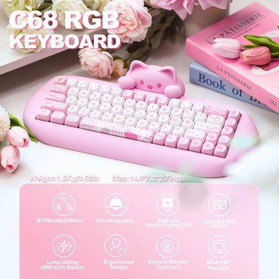 YUNZII C68 Drahtlose Mechanische Tastatur,65% Gaming Tastatur Hot Swap,Triple Mode BT5.0/2.4G/Wired Tastatur,RGB Backlit NKRO,Katze Silikon Ergonomie Tastatur Win/Mac(Milchschalter,Pink Cat)