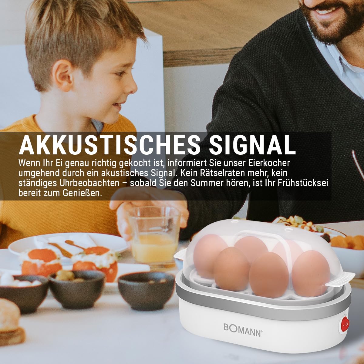 Bomann® Eierkocher für bis zu 6 Eier | Egg Cooker mit antihaftbeschichteter Heizschale | Egg Boiler mit Summer | elektrischer Eierkocher inkl. Eihalter & Messerbecher mit Eipicker | EK 5022 CB