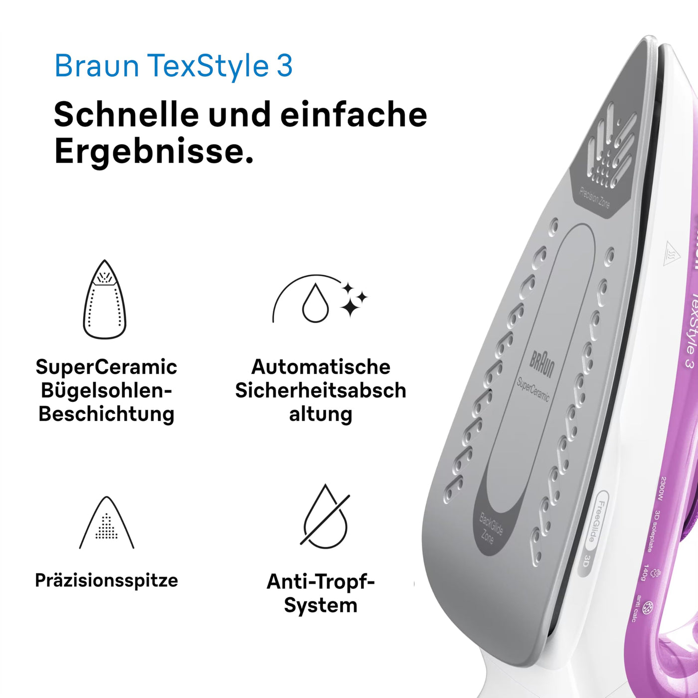 Braun TexStyle 3 SI 3030 PU Dampfbügeleisen - Bügeleisen mit FreeGlide 3D Bügelsohle, Selbstreinigungs Funktion, 2300 Watt, Dampfstoß 140g/min, 270 ml Wassertank, Violett