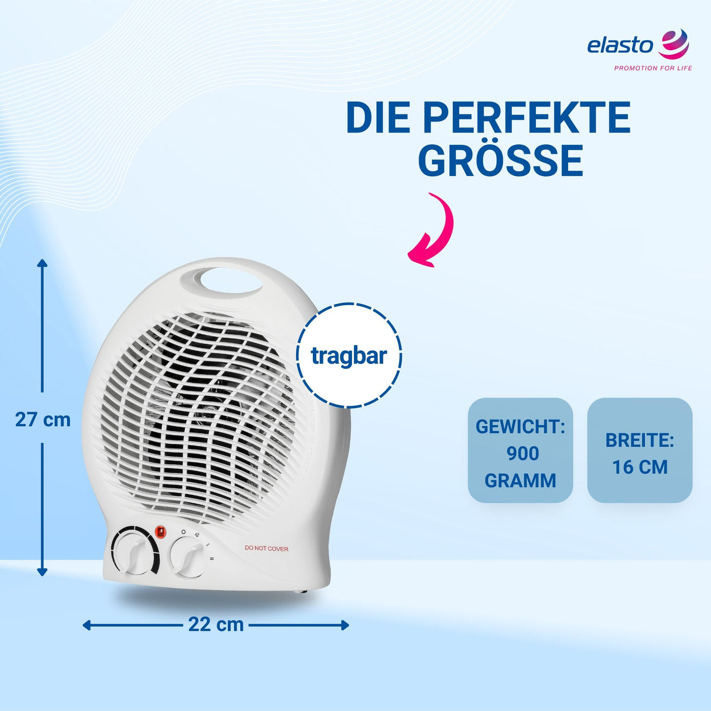 elasto – Heizlüfter 'Mobil' 2000W inkl. Ventilator – Standventilator sehr leise - tragbares Heizgerät mit Thermostat & 4-Stufen-Schalter - energiesparender Fan & Lüfter (Weiß)