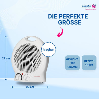 elasto – Heizlüfter 'Mobil' 2000W inkl. Ventilator – Standventilator sehr leise - tragbares Heizgerät mit Thermostat & 4-Stufen-Schalter - energiesparender Fan & Lüfter (Weiß)