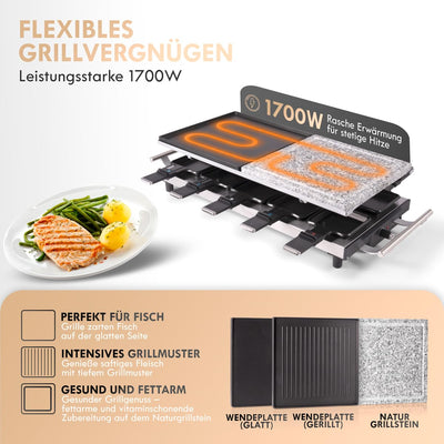 ProfiCook® Raclette 10 Personen mit heißem Naturgrillstein | Raclette antihaftbeschichtet | Raclette für 10 Personen | inkl. 10 Pfännchen & Holzspatel | Edelstahlgriff (wärmeisoliert) | PC-RG 1144