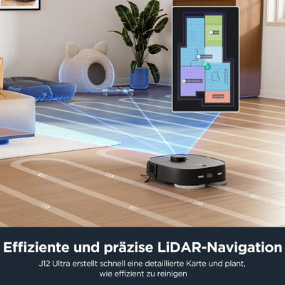 EUREKA J12 Ultra DE Saug- & Wischroboter + All-in-One Station (KI-3D-Hinderniserkennung, intelligente Haustierumgehung, Auto Teppicherkennung, ideal gegen Tierhaare, App- & Sprachsteuerung) schwarz