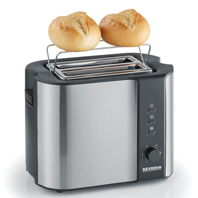 SEVERIN Automatik-Toaster, Toaster mit Brötchenaufsatz, hochwertiger Edelstahl Toaster zum Toasten, Auftauen und Erwärmen, 800 W, Edelstahl-gebürstet/schwarz, AT 2589