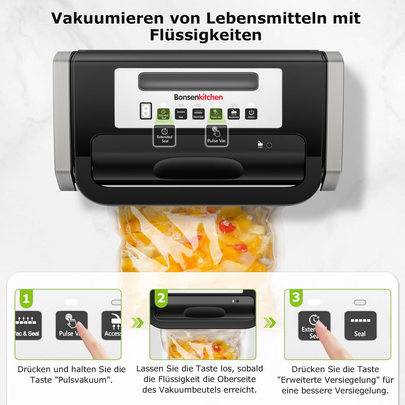 Bonsenkitchen Vakuumiergerät, Vakuumierer, Einschließlich 2 Rollen Vakuumrollen, Design mit Griffverriegelung, leistungsstarker geräuscharmer mit Globefish-Technologie, integrierter Schneider