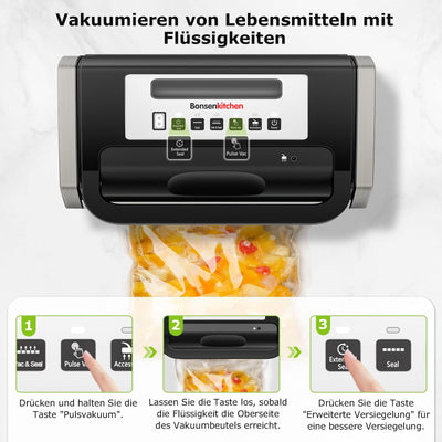 Bonsenkitchen Vakuumiergerät, Vakuumierer, Einschließlich 2 Rollen Vakuumrollen, Design mit Griffverriegelung, leistungsstarker geräuscharmer mit Globefish-Technologie, integrierter Schneider