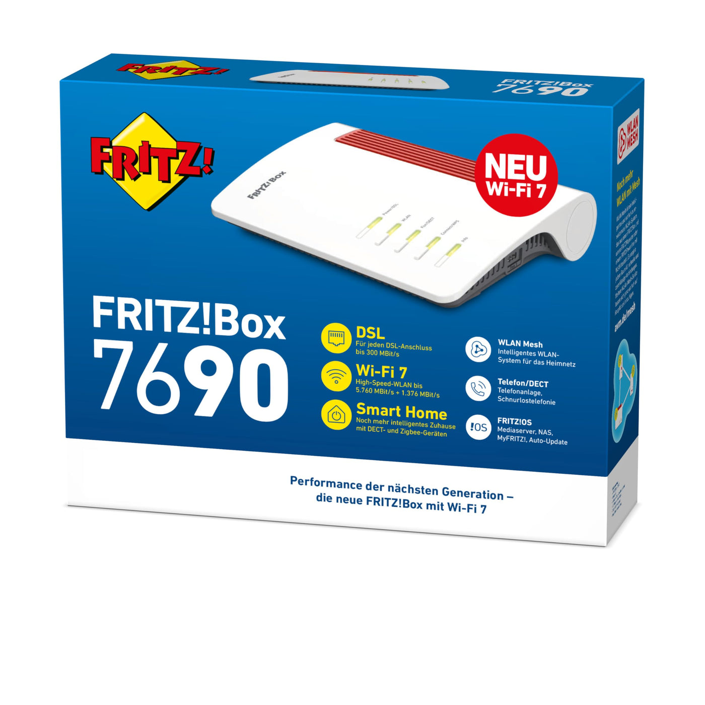 AVM FRITZ!Box 7690 (Wi-Fi 7 DSL-Router mit 5.760 MBit/s (5GHz) & 1.376 MBit/s (2,4 GHz), bis zu 300 MBit/s mit VDSL-Supervectoring und ADSL2+, WLAN Mesh, DECT-Basis, deutschsprachige Version)