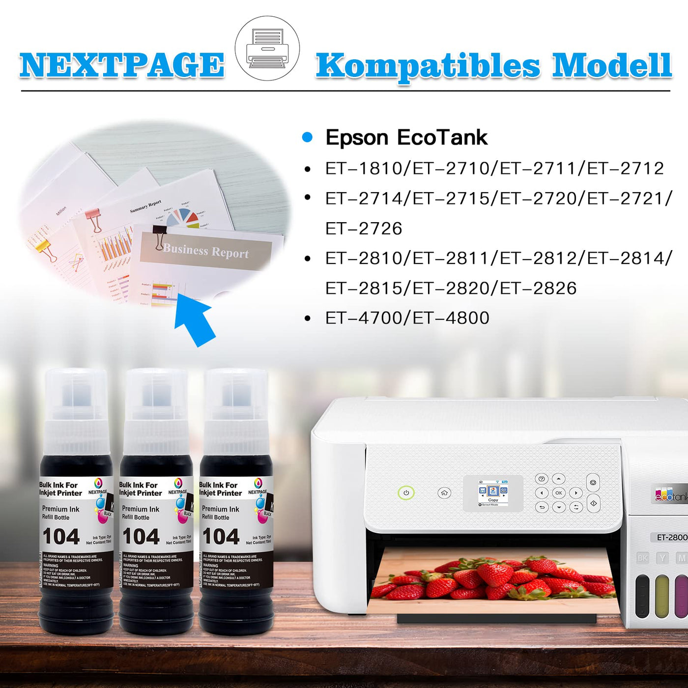 NEXTPAGE 104 Schwarz Tinte kompatibel für Epson 104 EcoTank Tintenflasche für Epson EcoTank ET-2820 ET-2810 ET-2870 ET-2710 ET-2711 ET-2712 ET-2714 ET-2715 ET-2720 ET-2726 ET-4700, 3 Packungen Schwarz