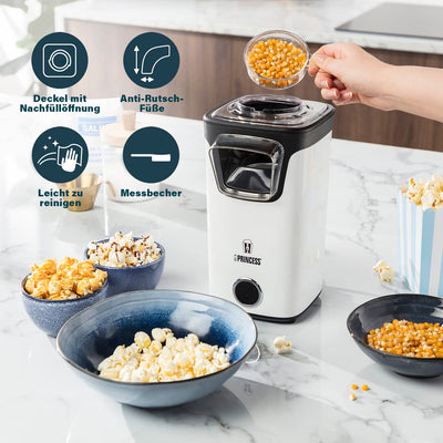 Princess Heißluft Popcornmaschine - Popcorn ohne Öl und Fett, Messlöffel, transparenter Deckel, Nachfüllöffnung, 1100 Watt, 292986