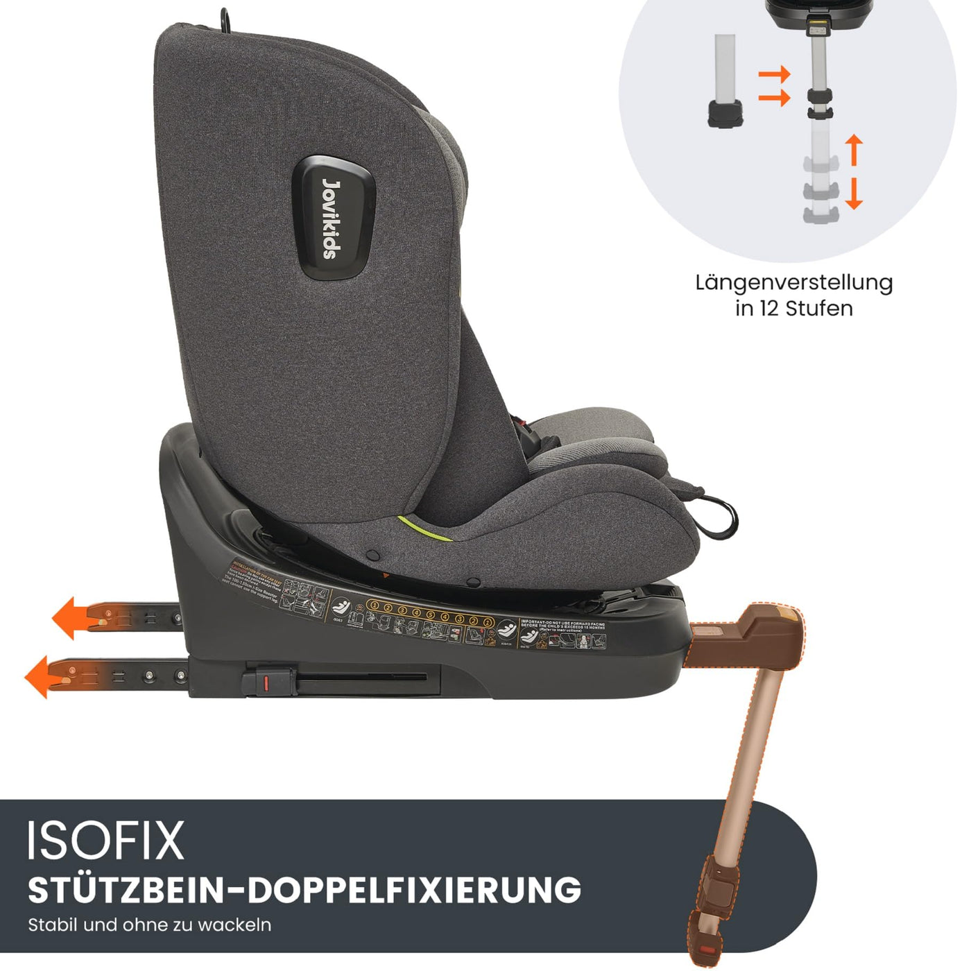 Jovikids 360° Drehbar Kindersitz mit ISOFIX, i-Size 40-150cm(ab Geburt -12 Jahre) Baby Autositz Reboarder mit Liegefunktion & Abnehmbar Vordach, ECE R129 (grau)