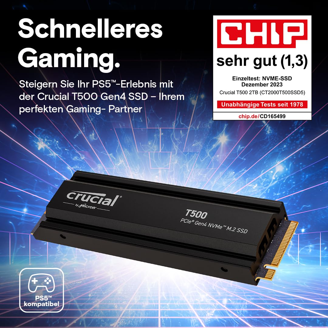 Crucial T500 SSD 2TB PCIe Gen4 NVMe M.2 Interne PS5 SSD Festplatte mit Kühlkörper, bis 7400 MB/s, TLC NAND, Laptop und Desktop kompatibel, Microsoft DirectStorage - CT2000T500SSD5