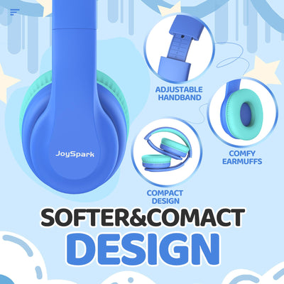 JoySpark Bluetooth Kopfhörer Kinder, Kabellose Kinderkopfhörer Over-Ear mit 85/94dB Lautstärkebegrenzung, 60 Stunden Spielzeit, Bluetooth 5.3, eingebautes Mikrofon-Blau