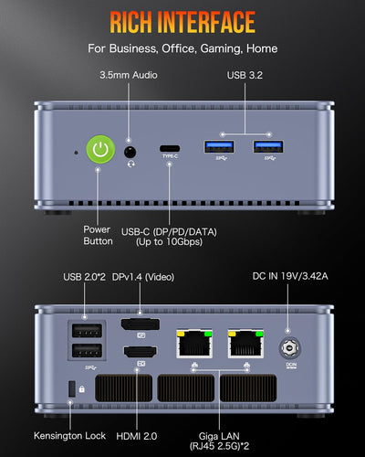 GMKtec Desktop PC Computer 5825U, M5 Plus Dual LAN 2.5G Micro-PC W11 Pro, AMD Ryzen 7 5825U (8 C/16 T4,50 GHz), 32 GB DDR4 RAM + 1TB PCIe-SSD, WiFi 6E, USB 3.2, USB-C, BT 5.2, DP, HDMI