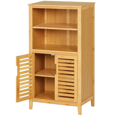 VIAGDO Badezimmerschrank Bambus, Badschrank mit 2 offenen Fächern und 2 Lamellentüren, Küchenschrank, multifunktional Schrank für Badezimmer, Wohnzimmer, Küche, Flur, 50 x 92,3 x 29 cm (B x H x T)