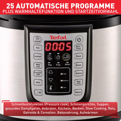 Tefal CY505E Fast & Delicious Multikocher | elektrischer Schnellkochtopf | 6 L Kapazität | 25 Automatische Programme | Bis zu 80 % schnelleres Kochen | Energiesparend | Rezeptheft | 1200 W | Edelstahl