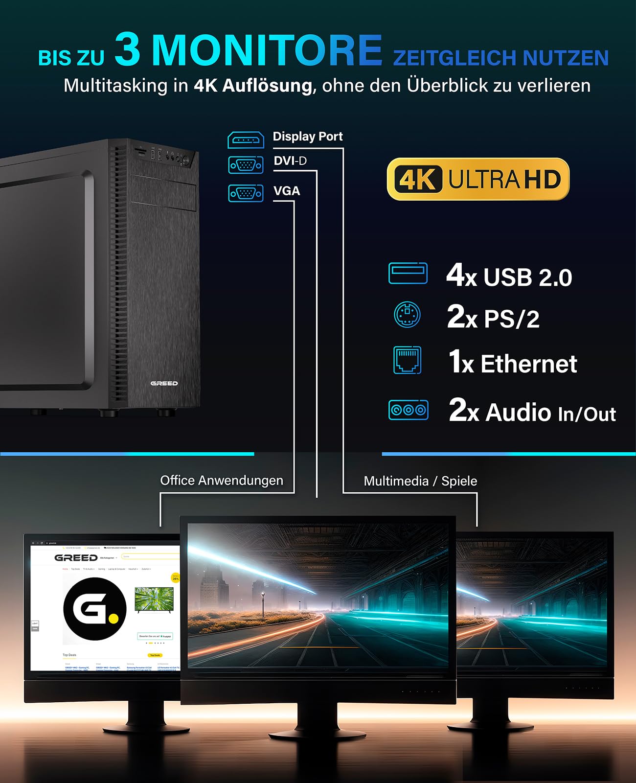 GREED® Ultra 7 - Schneller PC mit Intel Core i7 - Leiser Computer + Rechner für Büro & Home Office mit 4,0 GHZ, 32GB DDR4 RAM/Arbeitsspeicher - 1TB SSD + 1TB HDD - DVD+RW - WLAN - inkl Win 11 Pro