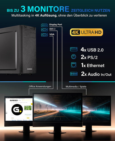 GREED® Ultra 7 - Schneller PC mit Intel Core i7 - Leiser Computer + Rechner für Büro & Home Office mit 4,0 GHZ, 32GB DDR4 RAM/Arbeitsspeicher - 1TB SSD + 1TB HDD - DVD+RW - WLAN - inkl Win 11 Pro