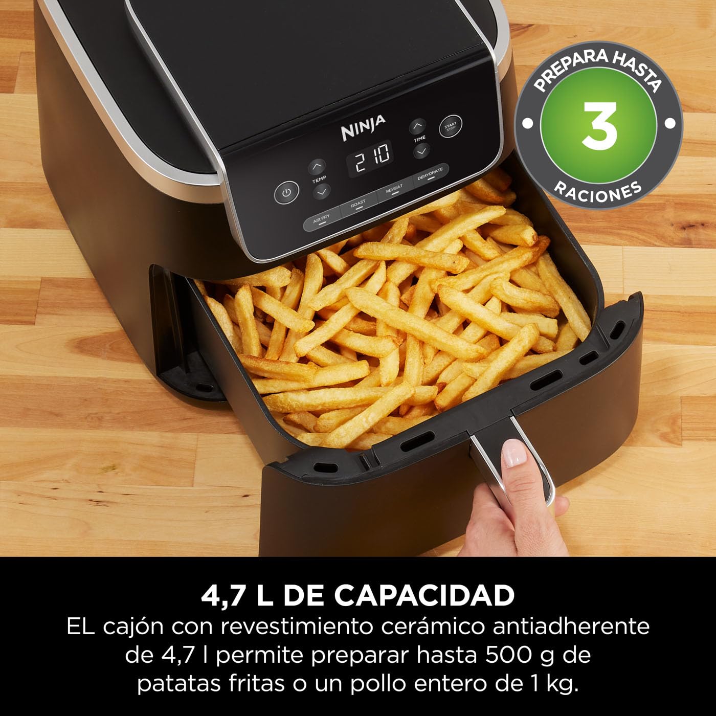 Ninja PRO Air Fryer Heißluftfritteuse, 4,7L Airfryer, Einzelkorb-Heißluftfritteuse, 4-in-1, für 1-2 Portionen, Digital, Kochen aus dem Gefrorenen, Antihaft-Schublade & Crisper Korb, Schwarz AF140EU