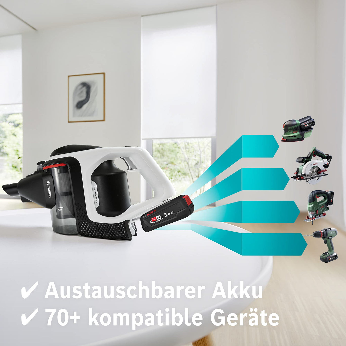 Bosch Akku-Staubsauger Unlimited Gen2 Serie 8 BKS8214W, beutellos, bis 45 Min Laufzeit, austauschbarer Akku, LED-Beleuchtung, automatische Anpassung an alle Bodenarten, XXL-Polsterdüse, weiß