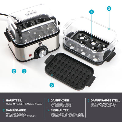 SUPERLEX 2-Schicht Eierkocher Edelstahl für bis zu 16 Eier, elektrischer Dampfgarer, mit Zeiteinstellung zur Härteeinstellung, 60-Min Timer, automatische Abschaltung zum Überhitzungsschutz, BPA-frei