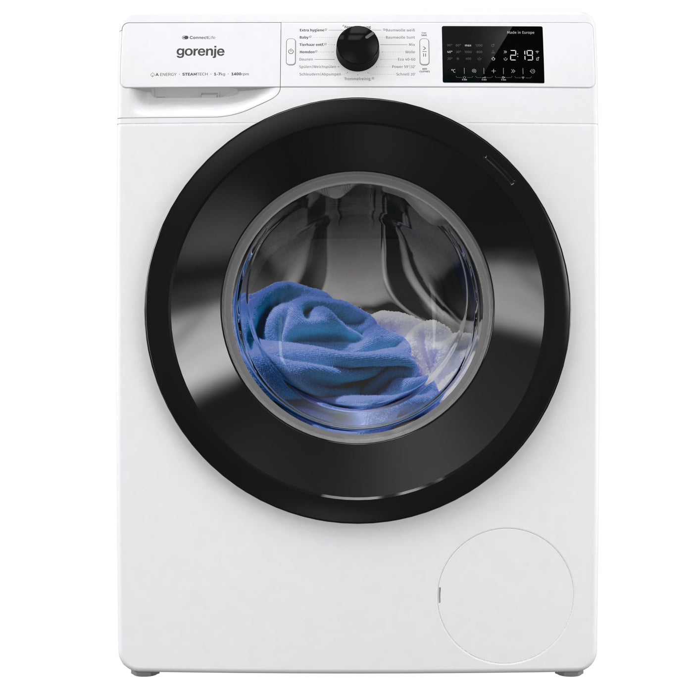 Gorenje WPNEI74A1TS Waschmachine mit Dampffunktion/ConnectLife / 7Kg / 1400 U/min / 15 Programme/Totaler AquaStop/WaveActive Trommel/ExtraHygiene/PowerWash/Schnell Waschgang/EEK: A-10%