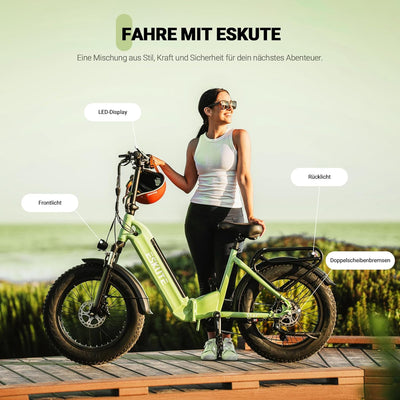 ESKUTE E Bike Star, Klapprad Elektrofahrrad mit 20 Zoll Fat Tire, 36V 25Ah Batterie, Aluminium-Leichtbau, Reichweite bis zu 120 km, 7 Gang Getriebe Ebike (Grün, 2 Batterien)