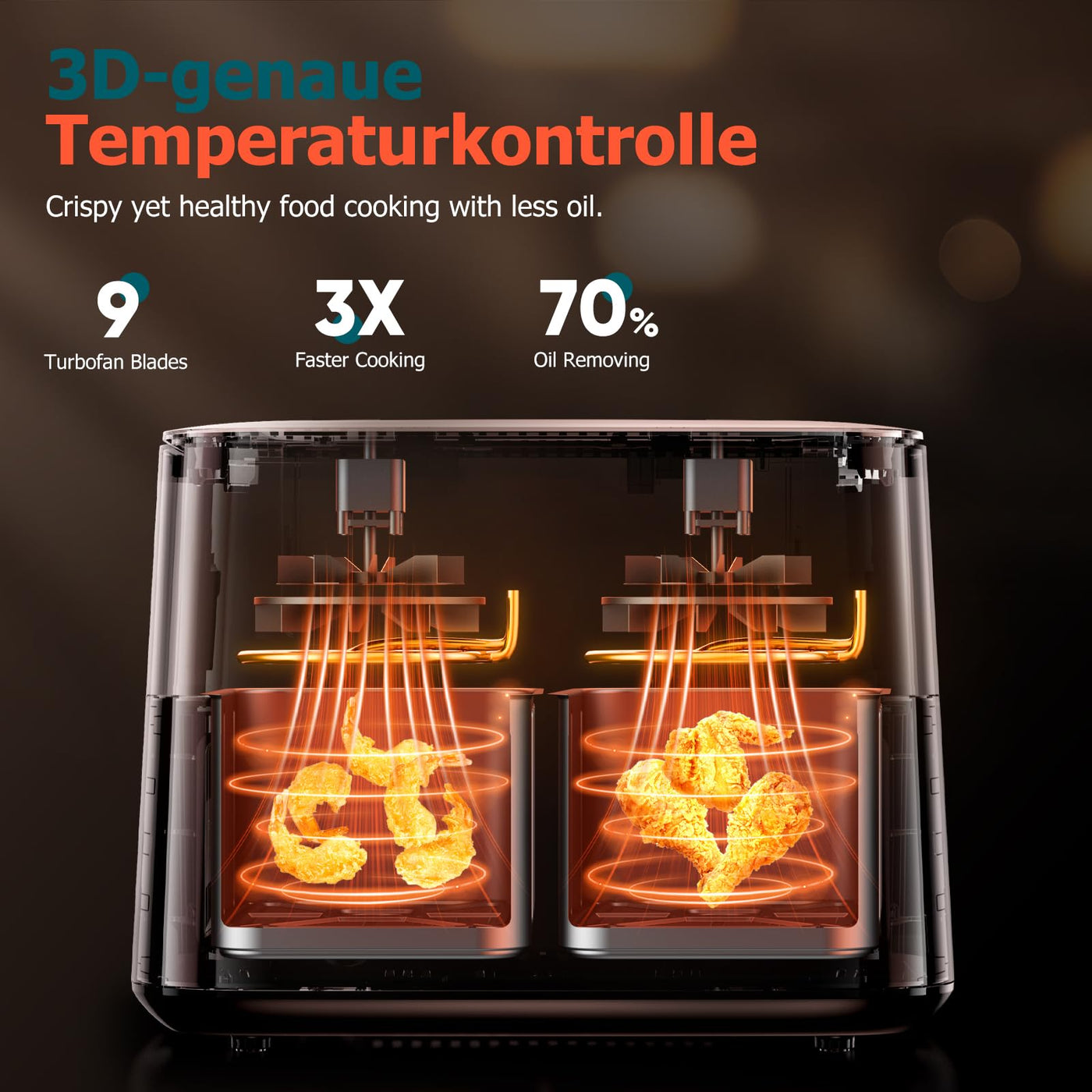 Dual Zone Heißluftfritteuse mit Sichtfenster, 9L XL Kapazität Doppel-Airfryer, 2 Schubladen, 9-in-1 Kochvorgaben, Touchscreen, Smart und Timer-Funktion, Gesunde Friteuse ohne Öl und fettarmes Kochen