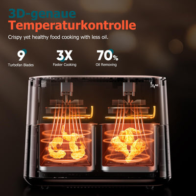 Dual Zone Heißluftfritteuse mit Sichtfenster, 9L XL Kapazität Doppel-Airfryer, 2 Schubladen, 9-in-1 Kochvorgaben, Touchscreen, Smart und Timer-Funktion, Gesunde Friteuse ohne Öl und fettarmes Kochen