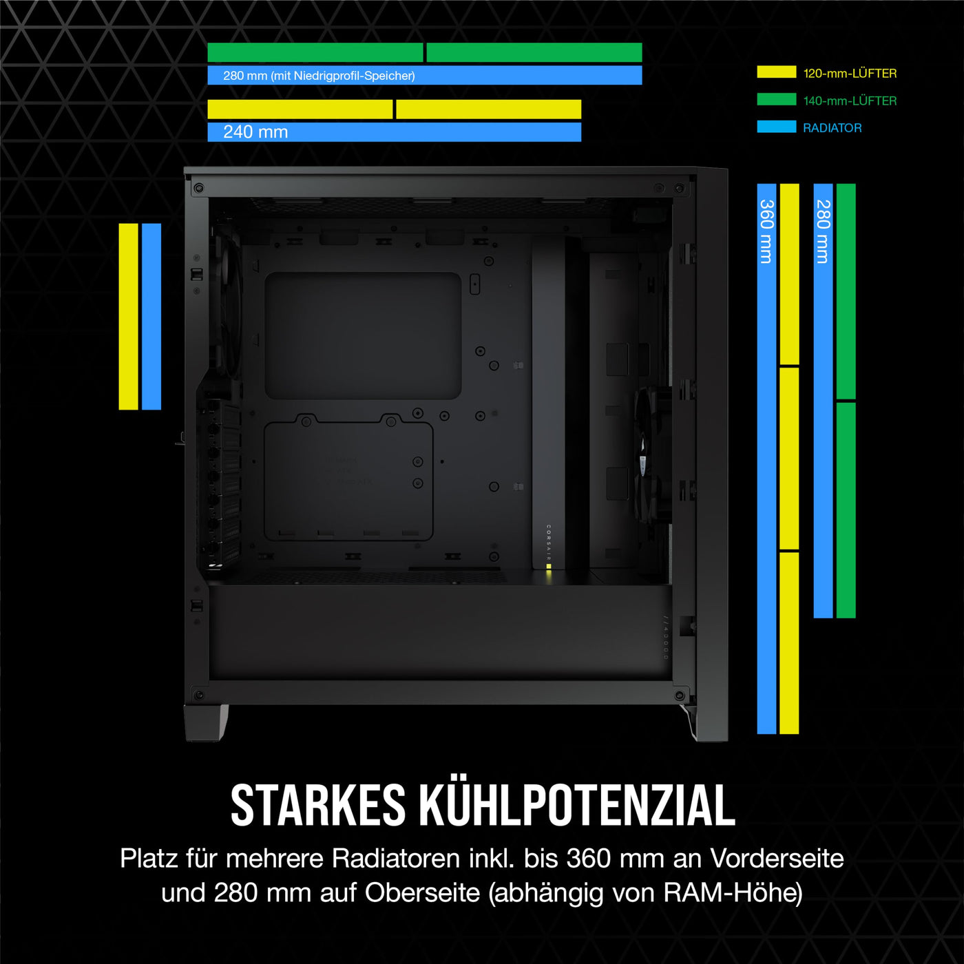 CORSAIR 4000D AIRFLOW Gehärtetes Glas Mid–Tower ATX–Gehäuse – Hohe Luftzirkulation – miditower management–System – Geräumiges Interieur – Zwei Mitgelieferte 120–mm–Lüfter – Schwarz