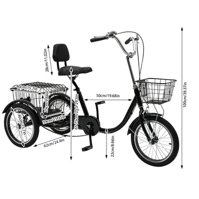 Dreirad für Erwachsene, 16 Zoll 3 Räder Fahrrad, Kohlenstoffstahl Erwachsenendreirad, Cruise Bikes mit Rücklicht & Klingel, Trike Bike für Männer und Frauen von 140-170cm, Max.150kg (Schwarz)