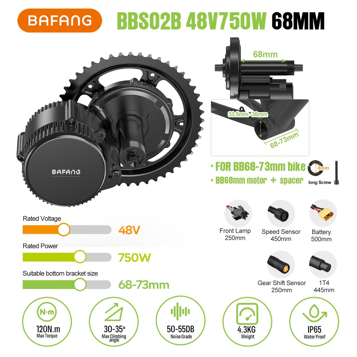 Bafang 750W 48V Middle Motor Kit E-Bike Umbausatz BBS02B, 48V13Ah Unterrohr-Akku Elektrofahrrad mit 500C Display und 44T Kettenblatt, für 68-73MM Bottom Bracket Bike