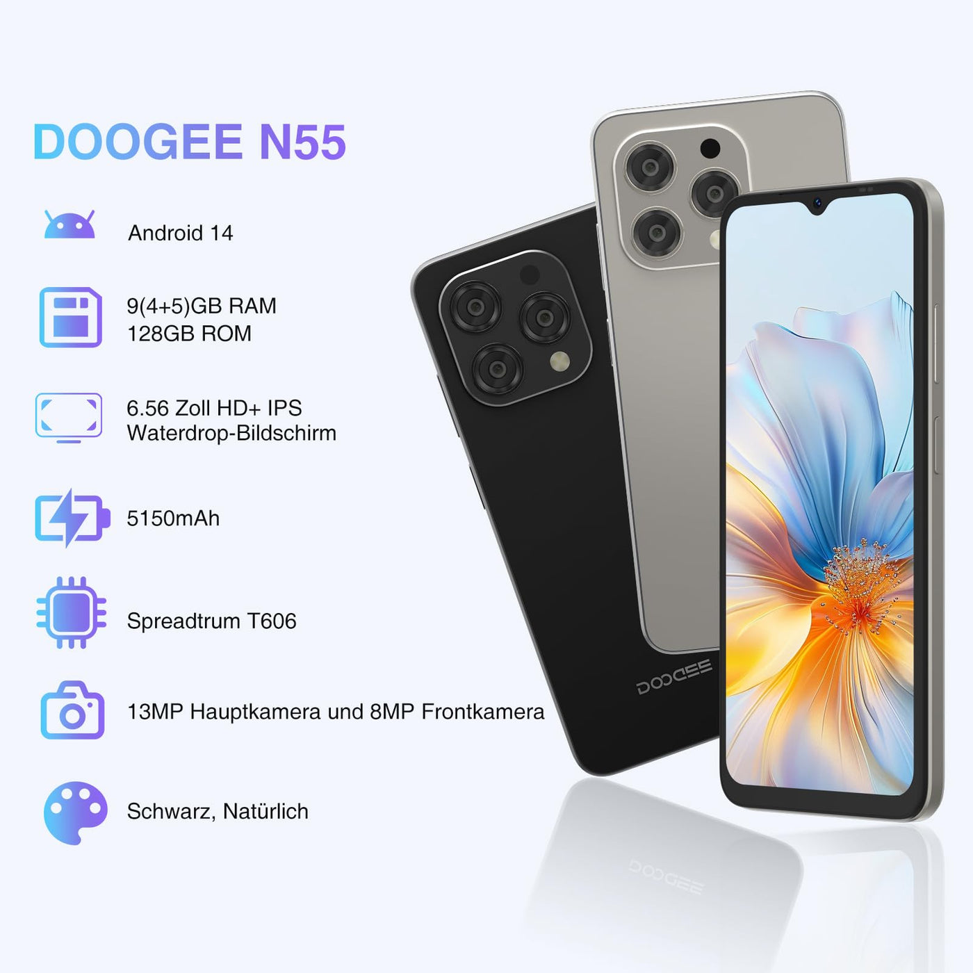 DOOGEE N55 Android 14 Smartphone Ohne Vertrag (9GB+128GB) 6.56" HD+ IPS Display Octa Core Handy Ohne Vertrag, 5150mAh, 13MP+8MP, Dual SIM 4G Handy Günstig, 5G Wi-Fi Simlockfreie Handys, OTG, Face ID