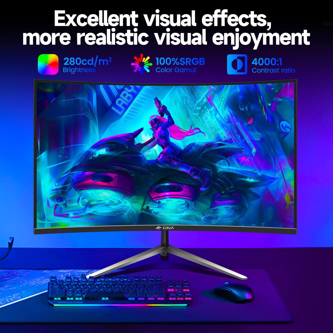 CRUA 27'' Curved Gaming Monitor, FHD 1080P, 200Hz, 1ms GTG, 1800R Curvature, FreeSync, Low Motion Blur, Eye Protection, VESA Mount, HDMI & DP, Black