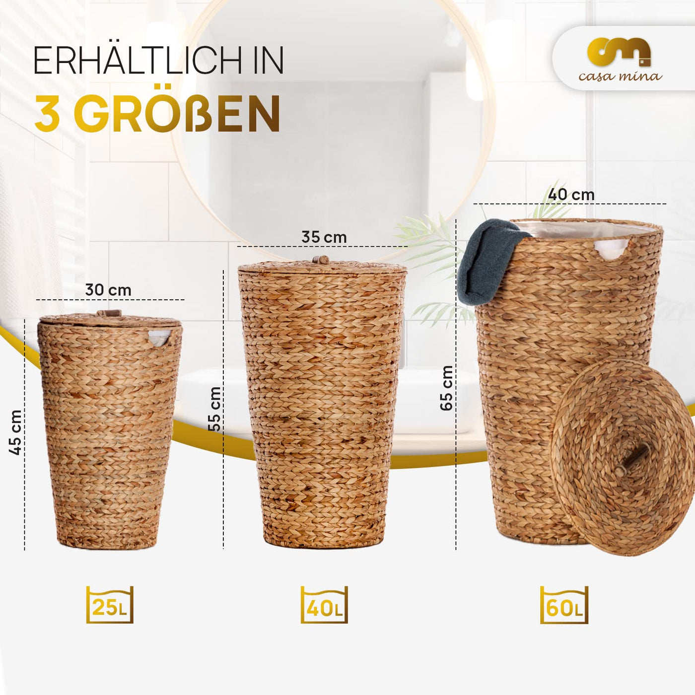 Casa Mina® Wäschekorb mit Deckel D35 x H55cm hoch I Atmungsaktiver Wäschekorb geflochten aus 100% Naturfaser I Robuster Wäschesammler mit Griffen & waschbarem Innensack I Wäschekörbe - Lombok