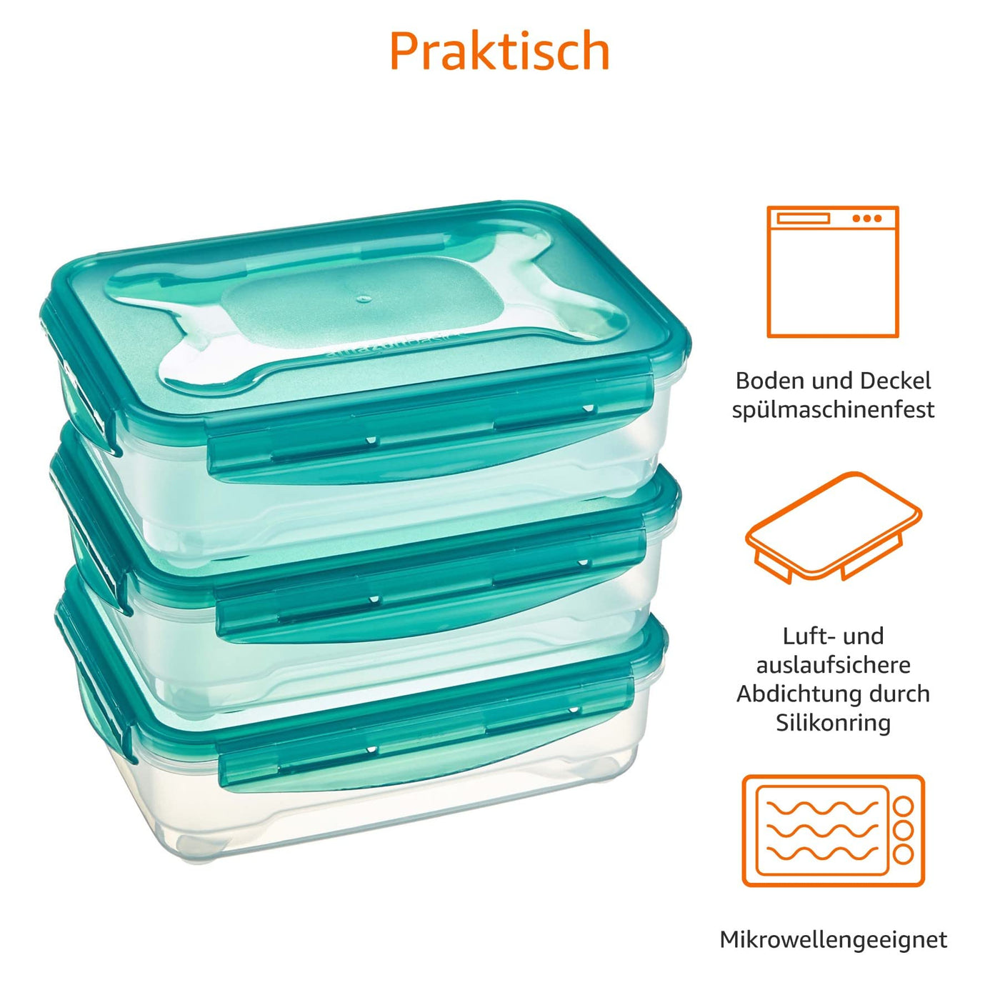 Amazon Basics Gefrierbehälter im Set, mit Deckel, luftdicht, auslaufsicher, stapelbar, für Kühlschrank/Gefriertruhe, BPA-frei, Kunststoff, mikrowellen- und spülmaschinenfest, 3 x 1.2 l, farblos