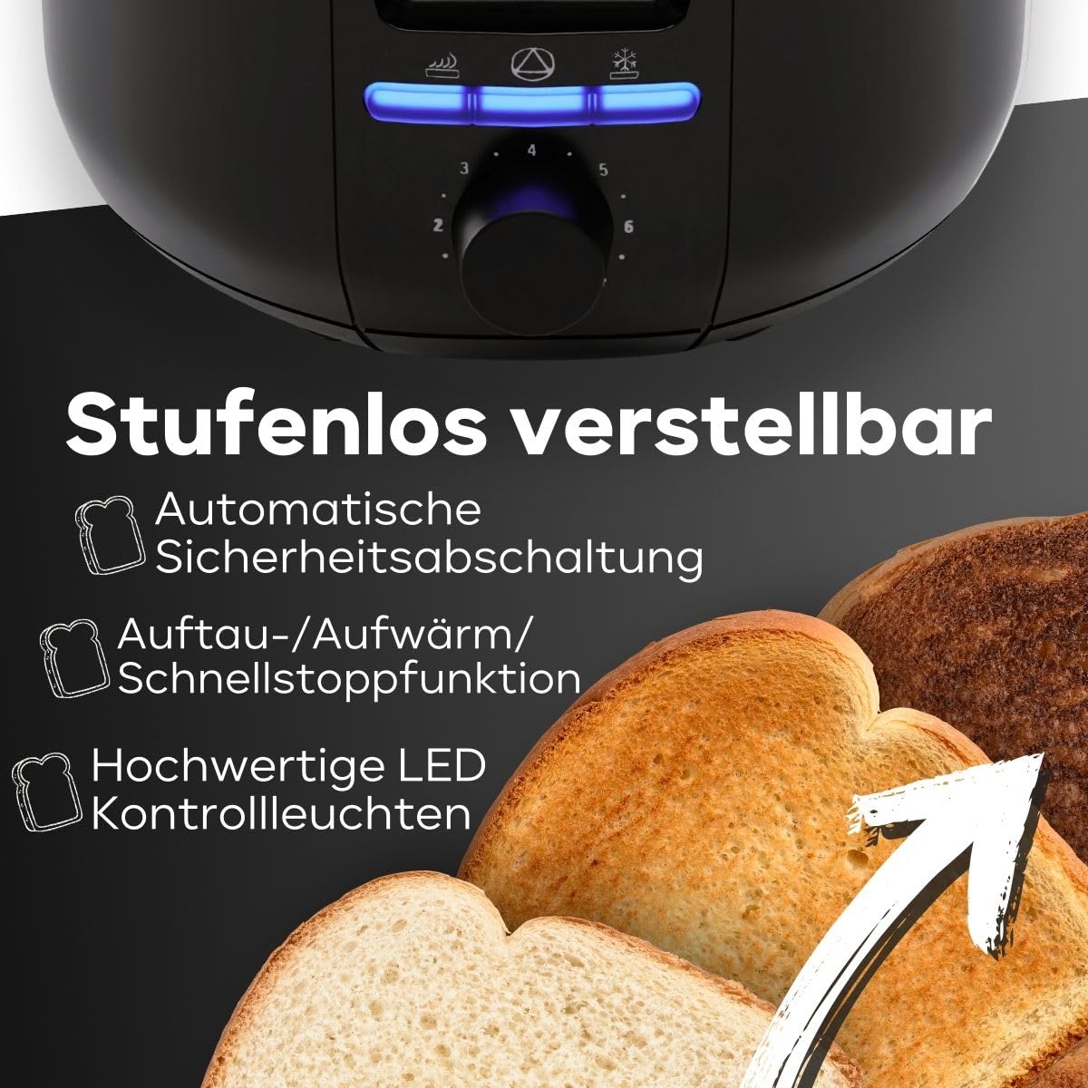 Clatronic Toaster 4 Scheiben | Toaster mit Brötchenaufsatz | Langschlitztoaster mit Auftau-/Aufwärm-/Schnellstoppfunktion | Toaster schwarz auch für Toastbrötchen & Fertigwaffeln | TA 3802 schwarz