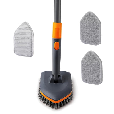 CLEANHOME Schrubber mit Stiel 4-in-1,Reinigungsbürste Bad,Enthält Schrubberbürste 2 Stück Schwammtuch und Mikrofasertücher,142 cm Teleskop-Fliesenbürste,zum Reinigen von Badewanne,Boden,Fläche,Spalt.