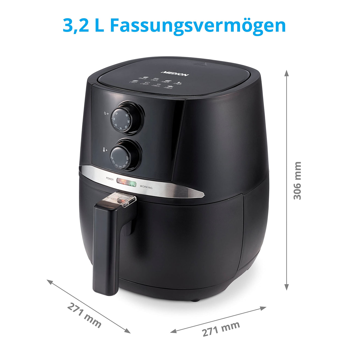 MEDION E20 L Heißluftfritteuse (3,2 Liter Frittierkorb, ca. 1400 Watt, einfache Bedienung, ölfreies Frittieren, 30 Min Timer, Überhitzungsschutz, MD10711) schwarz