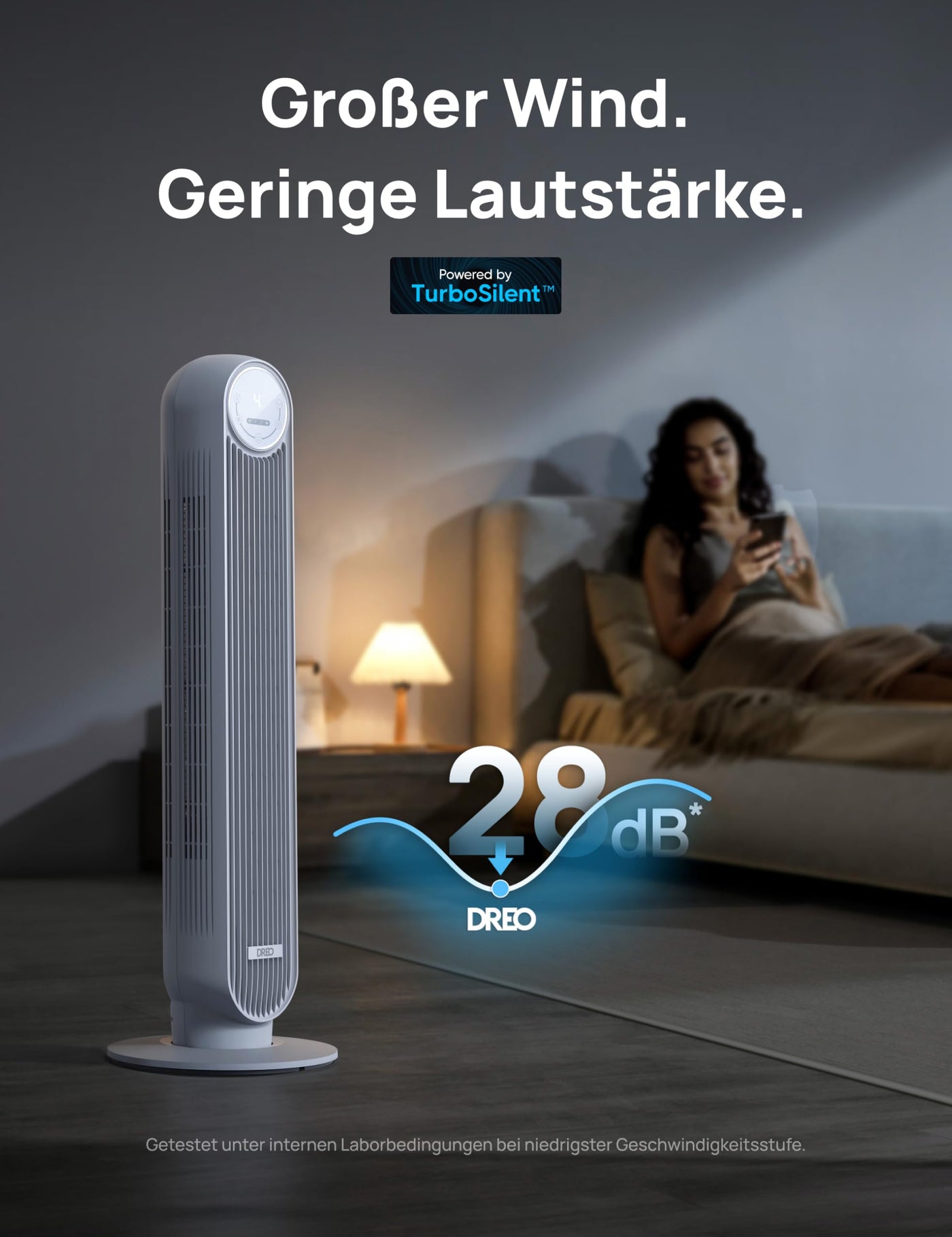 Dreo 28dB Leiser Turmventilator, 7,3m/s Geschwindigkeit 4 Geschwindigstufen 4 Modi 8 Std. Timer 90° oszillierende Ventilatoren mit Kühlung Fernbedienung für Schlafzimmer, Nomad One,Weiß