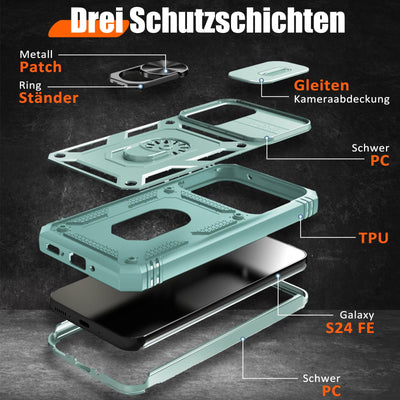 Giyer Panzerhülle für Samsung Galaxy S24 FE Hülle mit Schutzfolie, Handyhülle S24 FE 5G Case mit Kameraschutz 360° Metall Ring Ständer, Stoßfest Schutzhülle für Samsung S24 FE Cover Tasche (Mintgrün)