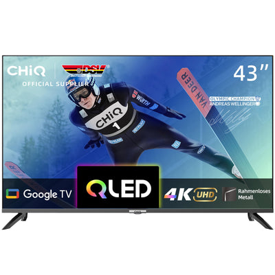 CHIQ 43 Zoll Smart TV QLED 4K Google TV, Rahmenloses, Dolby Audio, Google Play, WLAN TV 2,4G/5G, Trible-Tuner, HDMI 2.1, USB2.0, U43QM8G