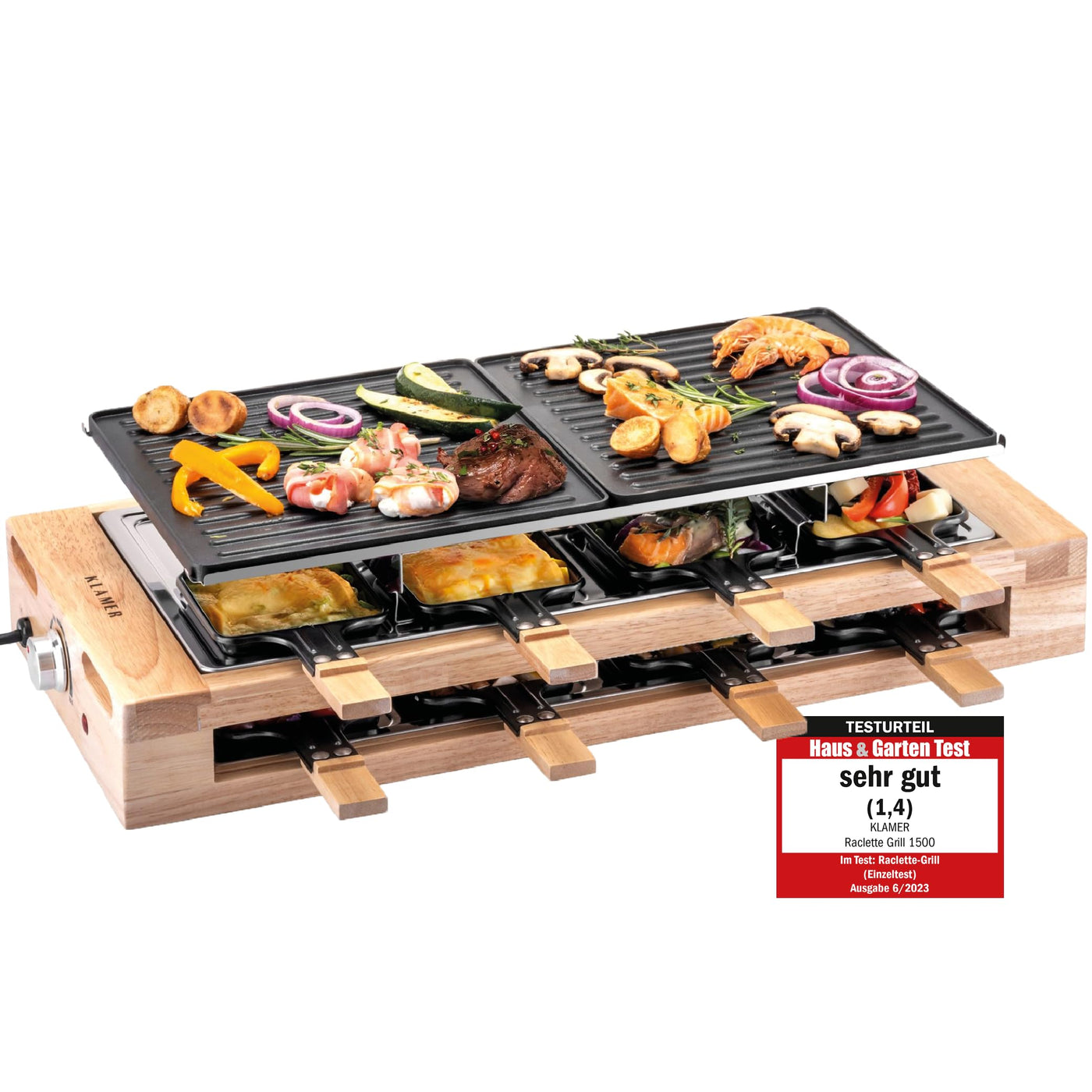 KLAMER Raclette 8 Personen, 1500W Raclette Grill mit Holzgestell, Raclette mit antihaftbeschichteter Grillplatte, Tischgrill elektrisch