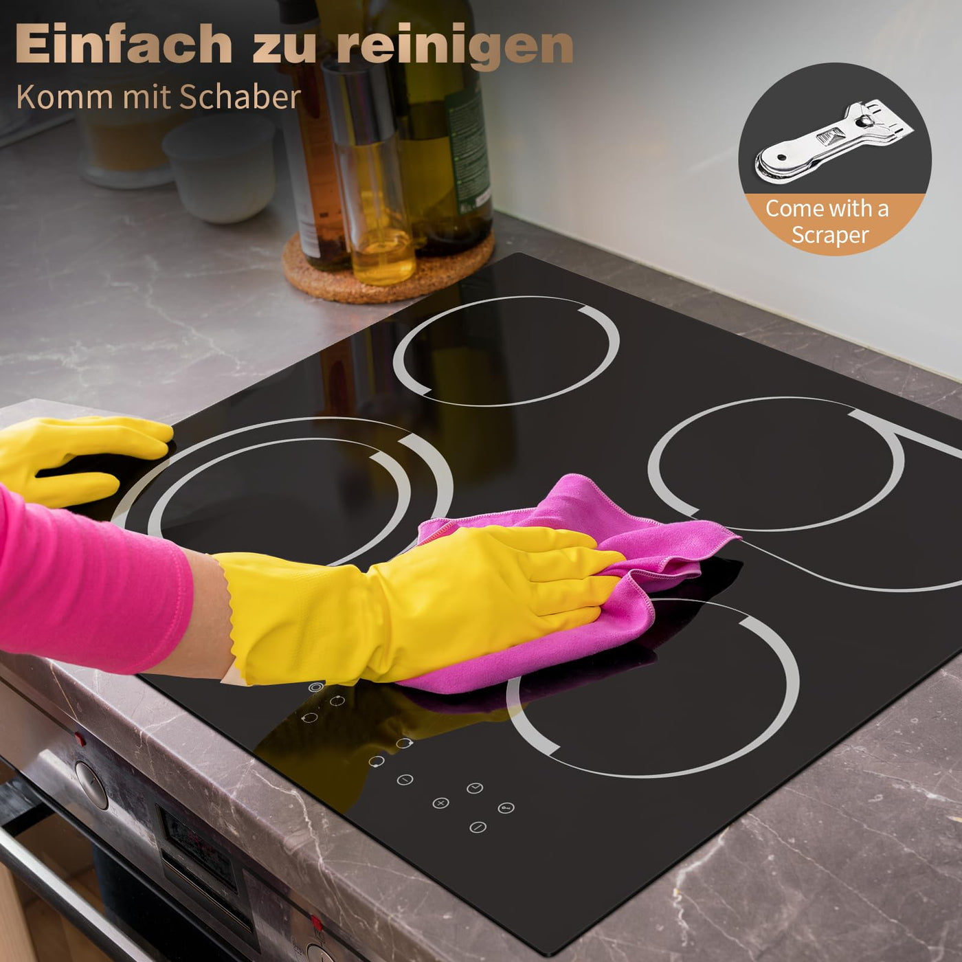 Glaskeramikkochfeld 4 Platten Einbau 6700W, Jessier Herdplatte 4 Kochfelder mit Doppelring Ovaler Grillfläche, Kochfeld Autark 60 cm, 9 Leistungsstufen, Pausenfunktion, Timer, Anti-Touch-Funktion